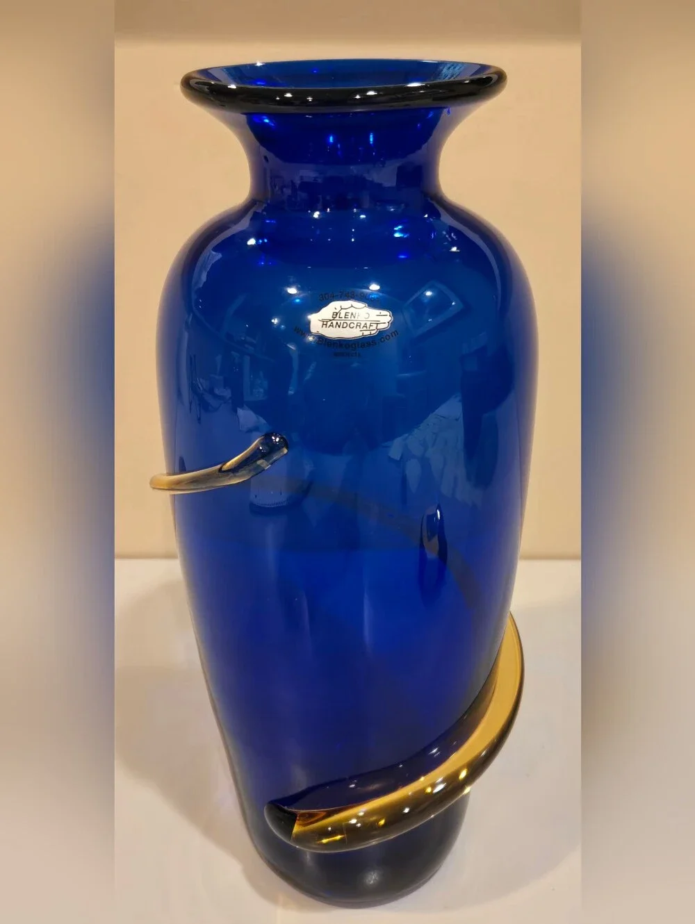 Signed Richard Blenko Cobalt Blue Glass Vase with Amber Spiral Accent